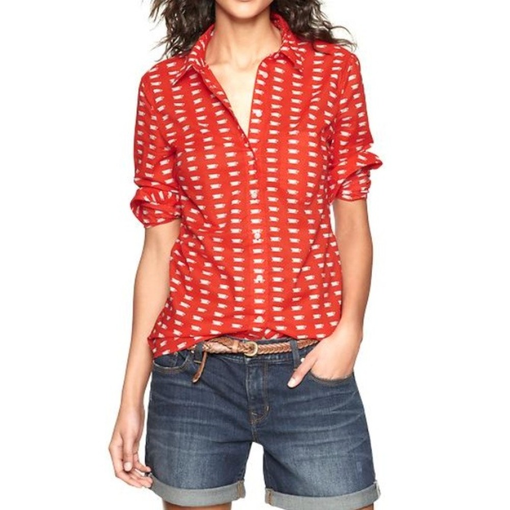 Gap Cotton Red Teacup Print Popover Shirt Womens Small Long Sleeve